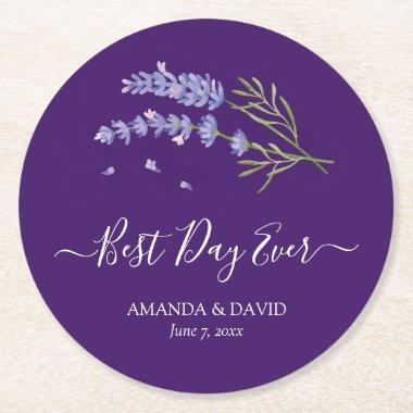 Modern Purple Lavender Floral Wedding Round Paper Coaster