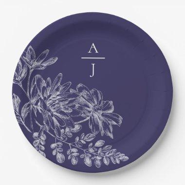 Modern Purple Monogram Floral Paper Plate