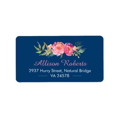 Modern Purple Red Pink Botanical Floral Navy Blue Label