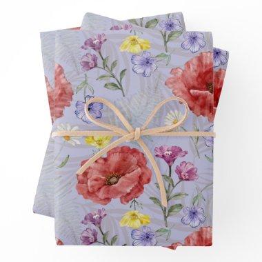 Modern Purple & Red Wildflower Pattern Wrapping Paper Sheets