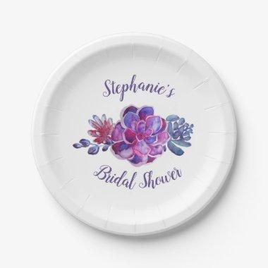 Modern Purple Succulents Foliage Bridal Shower Paper Plates