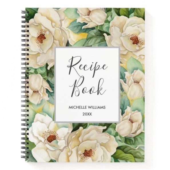 Modern Recipe Book Magnolia Floral Name Watercolor