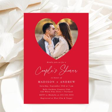 Modern Red Heart Photo Couple's Shower Invitations