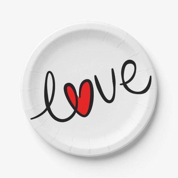 Modern Red Heart Typography Love Wedding Paper Plates