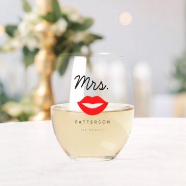 Modern Red Lips Mrs. Wedding Stemless Wine Glass