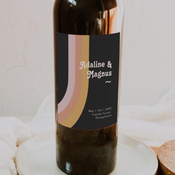 Modern Retro 70's Rainbow Dark Wedding Wine Label