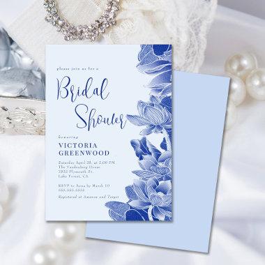Modern Retro Blue Chinoiserie Floral Bridal Shower Invitations