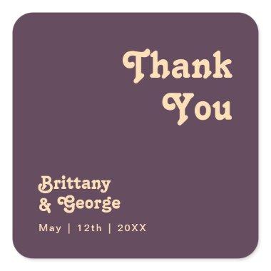 Modern Retro | Dark Purple Thank You Wedding Favor Square Sticker