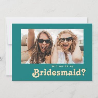 Modern Retro Teal Photo Bridesmaid Proposal Invitations