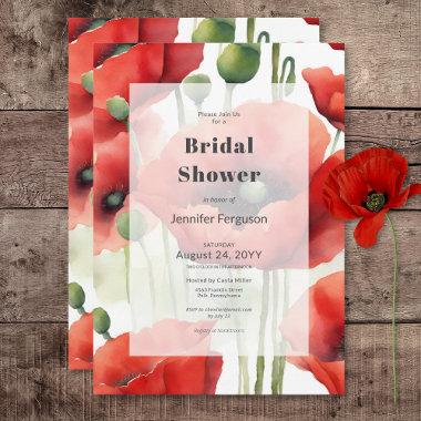 Modern Retro Watercolor Red Poppies Bridal Shower Invitations