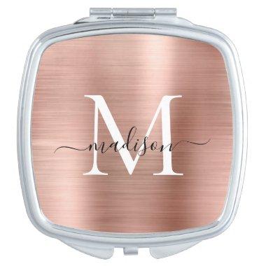 Modern Rose Gold Brushed Metal Monogram Script Compact Mirror