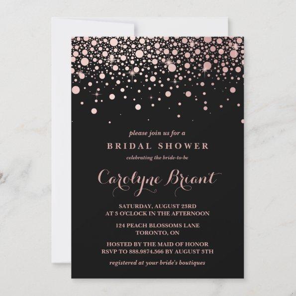Modern Rose Gold Confetti Black Bridal Shower Invitations