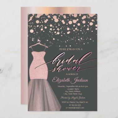 Modern Rose Gold Dots Glitter Dress Bridal Shower Invitations
