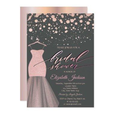 Modern Rose Gold Dots Glitter Dress Bridal Shower Invitations