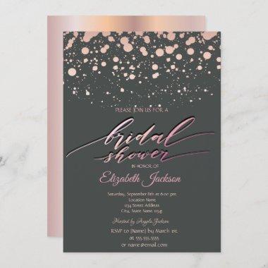 Modern Rose Gold Dots Gray Bridal Shower Invitations