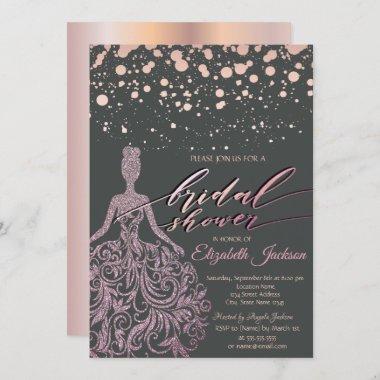 Modern Rose Gold Glitter Dress Dots Bridal Shower Invitations