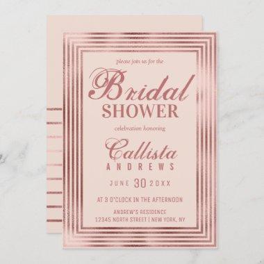 Modern Rose Gold Pink Stripe Border Bridal Shower Invitations