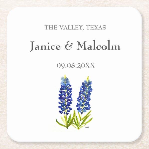Modern Rustic Bluebonnet Custom Boho Gifts Wedding Square Paper Coaster