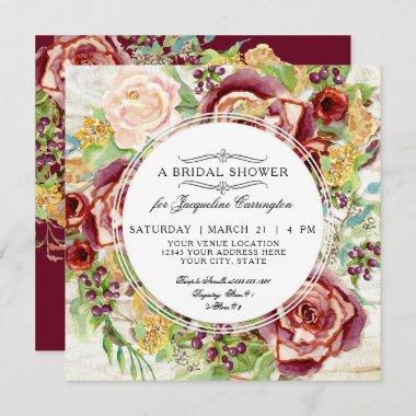 Modern Rustic Floral Fall Red Wreath Bridal Shower Invitations