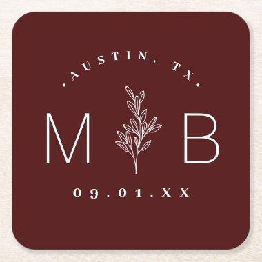 Modern Rustic Floral Stem Wedding Monogram Square Paper Coaster
