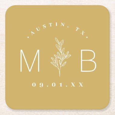 Modern Rustic Floral Stem Wedding Monogram Square Paper Coaster