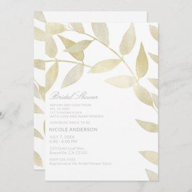 Modern Rustic Golden Gold Leaves Bridal Shower Invitations