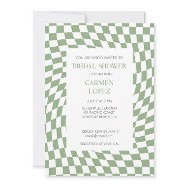 Modern Sage Green Checked Bridal Shower Invitations