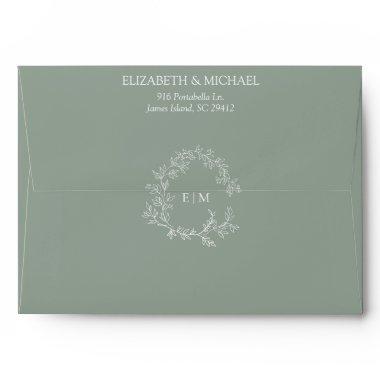 Modern Sage Green Leafy Crest Monogram Wedding Envelope