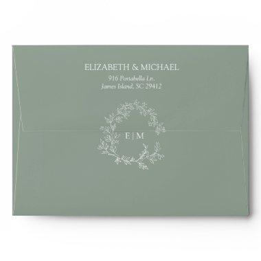 Modern Sage Green Leafy Crest Monogram Wedding Envelope