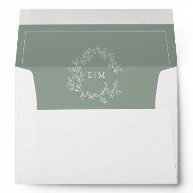Modern Sage Green Leafy Crest Monogram Wedding Envelope
