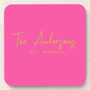 Modern Scipt Hot Pink Newlyweds Established Date Beverage Coaster