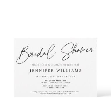 Modern Script Beautiful White Black Bridal Shower Invitations