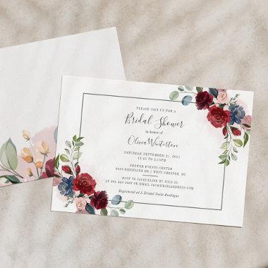 Modern Script Blush Burgundy Floral Bridal Shower Invitations