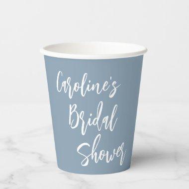 Modern Script Bridal Shower Custom Dusty Blue Paper Cups