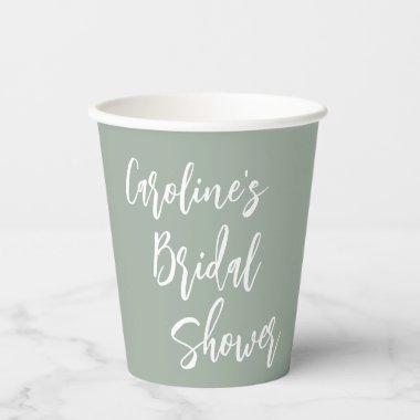 Modern Script Bridal Shower Custom Dusty Sage Paper Cups