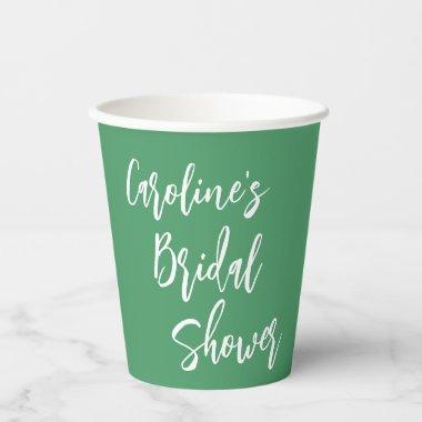 Modern Script Bridal Shower Custom Kelly Green Paper Cups