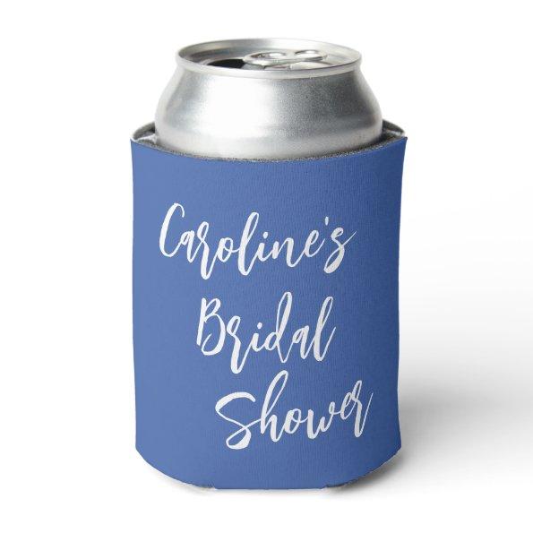 Modern Script Bridal Shower Custom Royal Blue Can Cooler