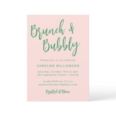 Modern Script Brunch Bubbly Shower Pink Green Invitations