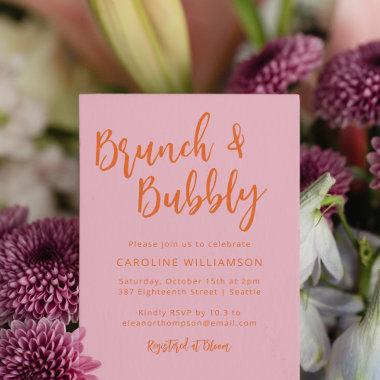 Modern Script Brunch Bubbly Shower Pink Orange Invitations