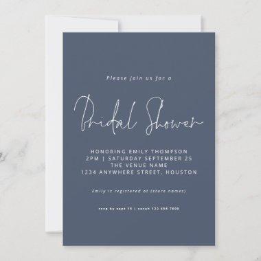 Modern Script Dusty Navy Blue Bridal Shower Invitations
