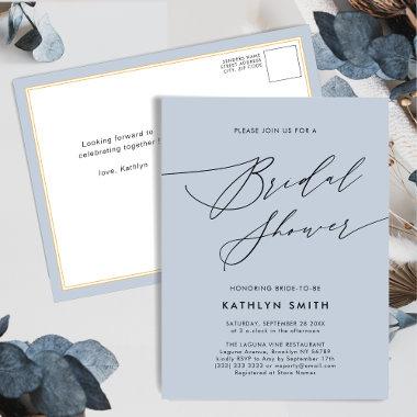 Modern Script Minimalist Dusty Blue Bridal Shower Invitation PostInvitations
