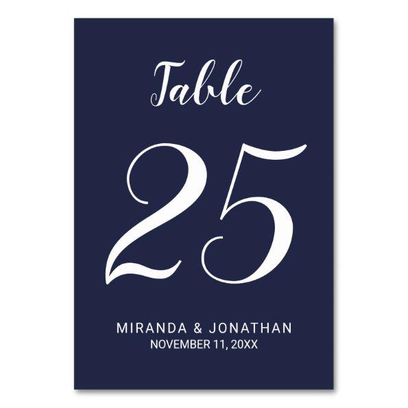 Modern Script Navy Blue Wedding Table Number
