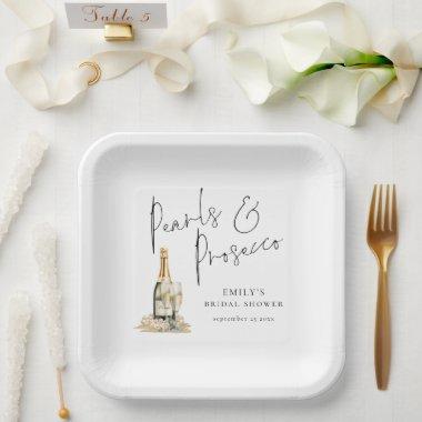 Modern Script Pearls and Prosecco Bridal Shower Paper Plates