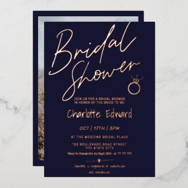 Modern script photo bridal shower ring rose gold foil Invitations