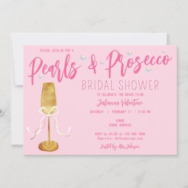 Modern Script Pink Pearls & Prosecco Bridal Shower Invitations
