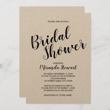 Modern Script Rustic Kraft Paper Bridal Shower Invitations