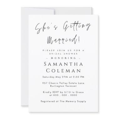 Modern Script She's Getting Married Bridal Shower Invitations