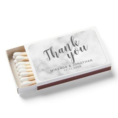 Modern Script White Marble Wedding Favor Thank You Matchboxes