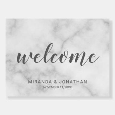 Modern Script White Marble Wedding Welcome Sign