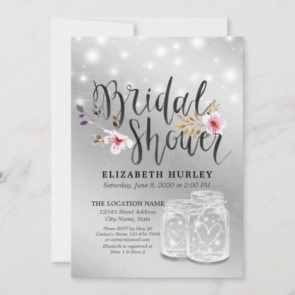 Modern Silver Bridal Shower Mason Jar String Light Invitations
